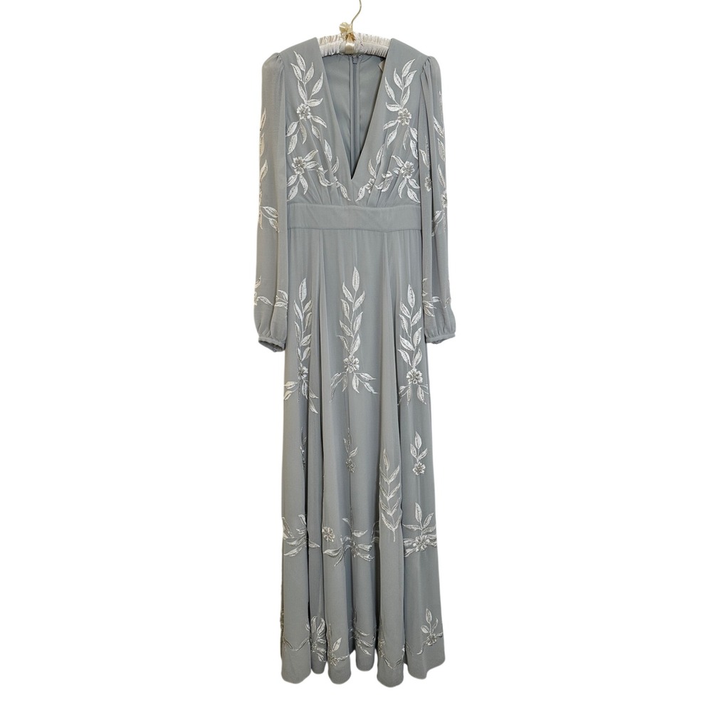 BHLDN‎ Belize Embroidered Maxi Dress Gown Size 6 Fog Gray Long Sleeve Beaded